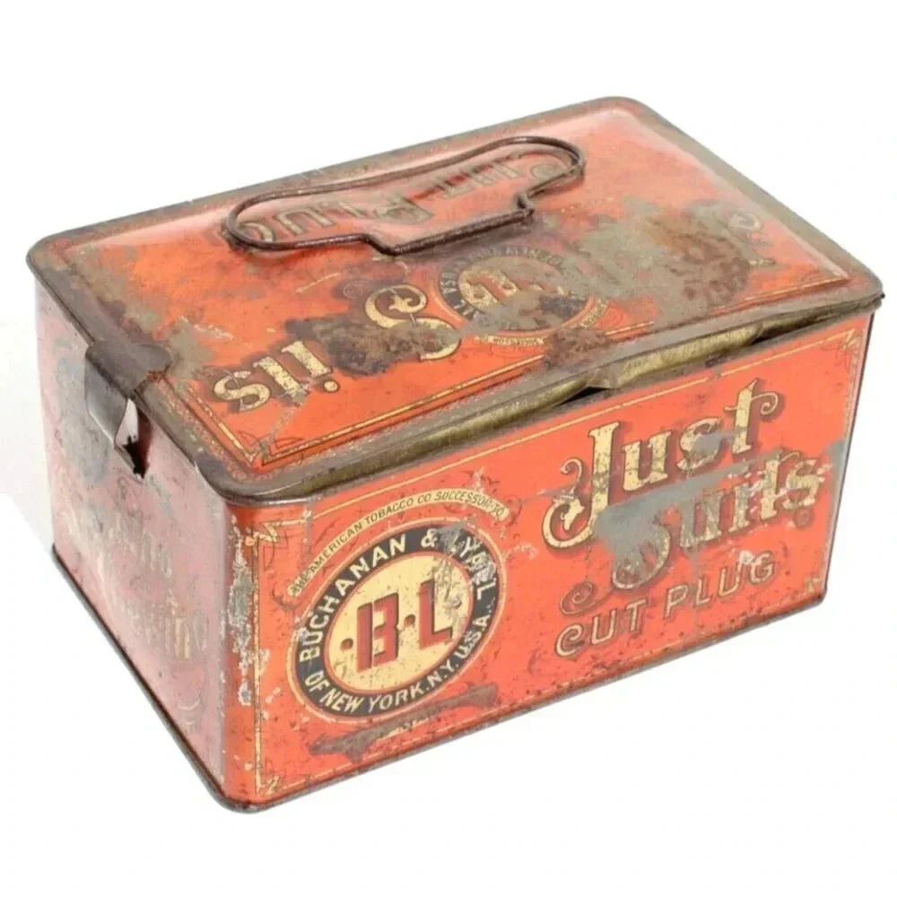 VINTAGE Antique 1900's Just Suits Cut Plug Tobacco STORAGE Case Tin